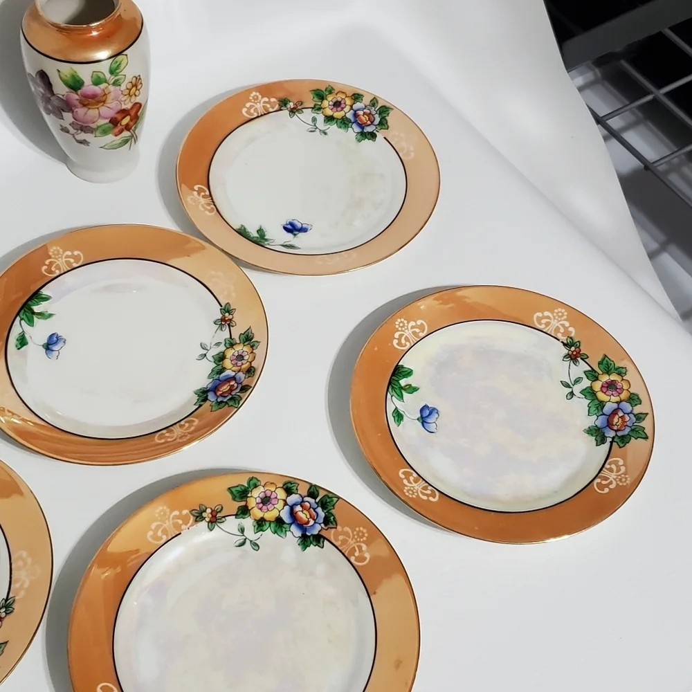 Floral Lusterware Vase Plates Hand Painted Flowers Made in Japan